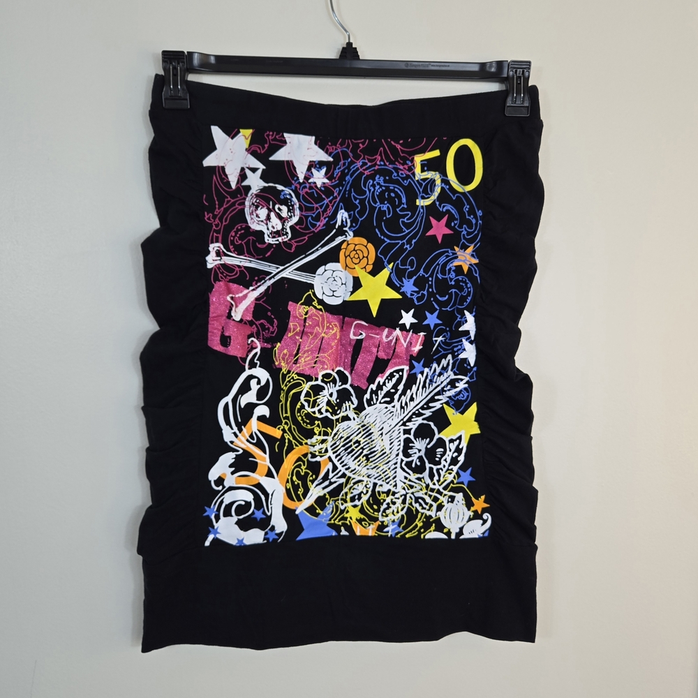 G-Unit Y2K Womens Black Multicolor‎ Graphic Shirred Sides Tunic Tube Top XL VTG